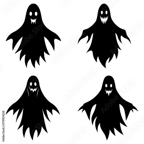 Four black silhouette ghosts with spooky faces floating on a white background in a square format