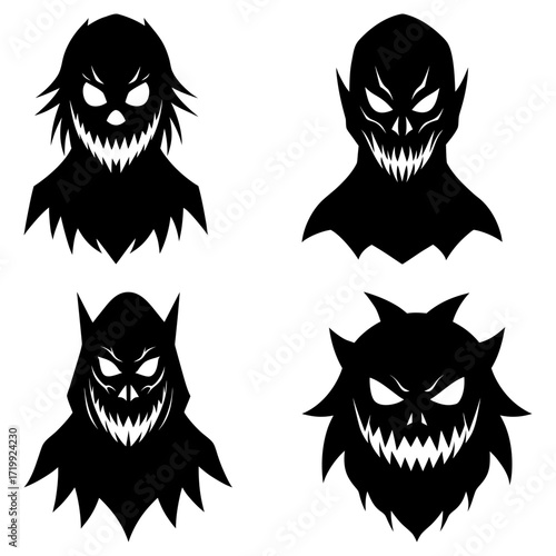 Four stylized black silhouettes of scary monsters with sharp teeth and glowing eyes in a vector illustration