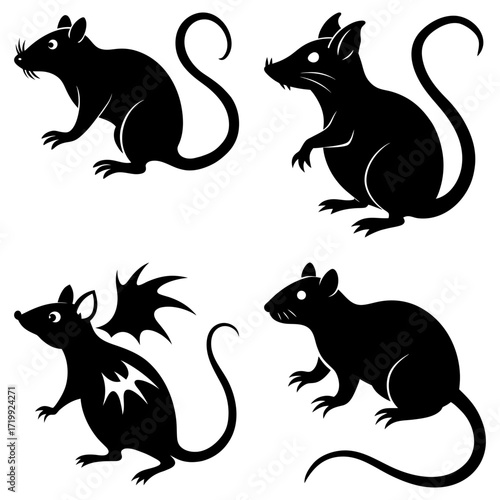 Four stylized black rat silhouettes in various poses and with unique characteristics on a white background