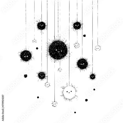 Black and white illustration of cute hanging spiky balls with faces vector art design graphic element image