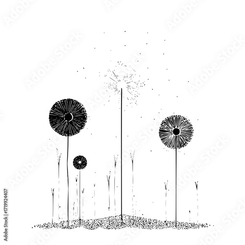 Dandelion seed head black and white art botanical illustration nature drawing floral design minimalist monochrome plant art