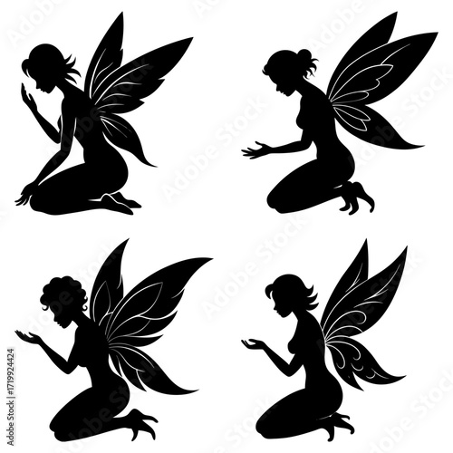 Four black silhouette fairies kneeling with wings outstretched on a white background in various poses