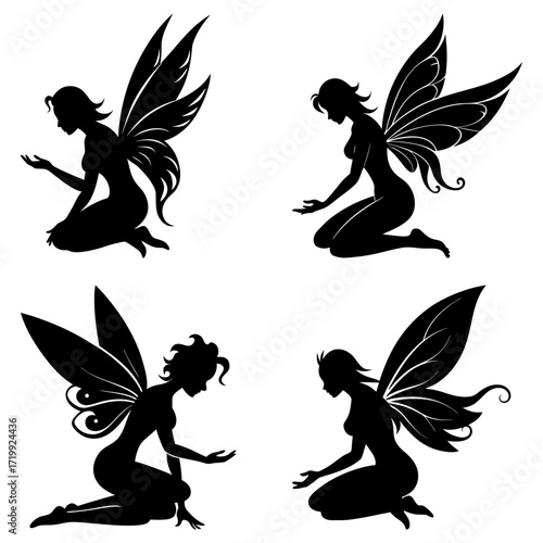 Silhouette illustration of four kneeling fairies with wings in various poses on a white background
