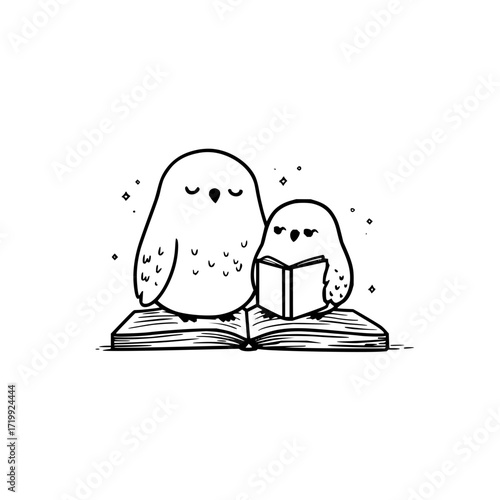 Cute owls reading book illustration vector design owl art animal graphic design bookworm owl lovers drawing