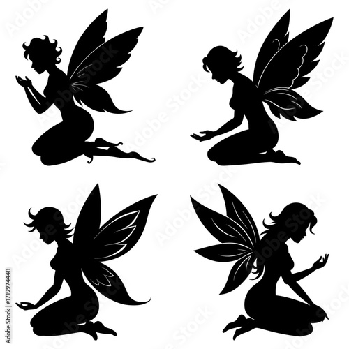 Four fairy silhouettes with delicate wings kneeling and holding something in their hands in a pattern