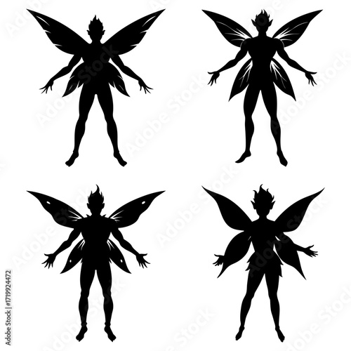 Four fairy figures with wings in silhouette standing in different poses on a white isolated background