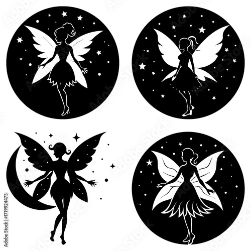 Silhouette illustrations of fairies with wings and stars in circular black and white designs set image