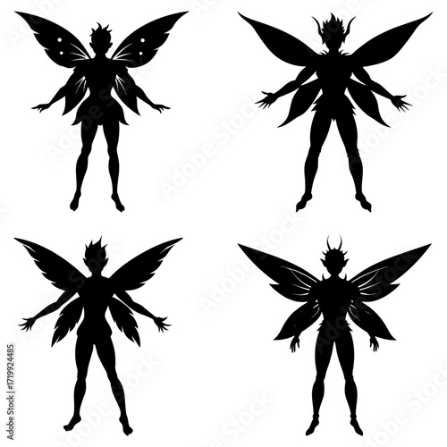 Four black silhouette fairies with different wing shapes and horn styles standing on a white background