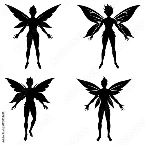 Silhouette illustration of four fairies with wings in different poses on a white background design