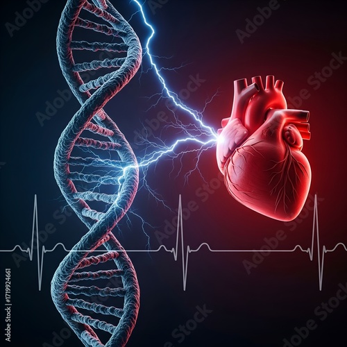 Dna helix and human heart connected by electric pulse representing genetic health