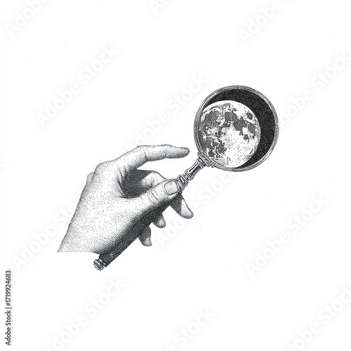 Hand holding magnifying glass moon