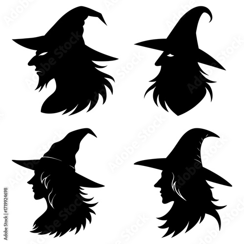 Silhouette illustrations of witch profiles wearing pointed hats on a white background in a square format