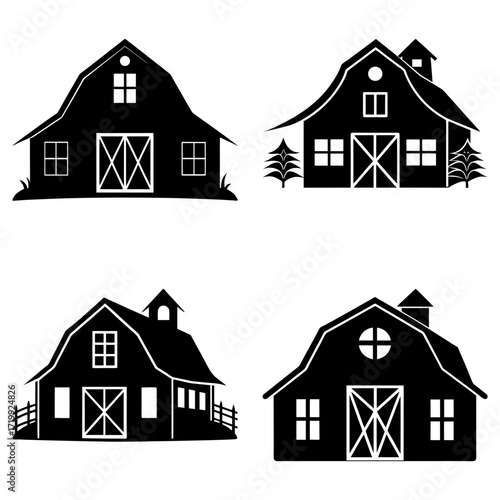 Four black and white barn silhouettes with varying roof lines and window placements on a white background