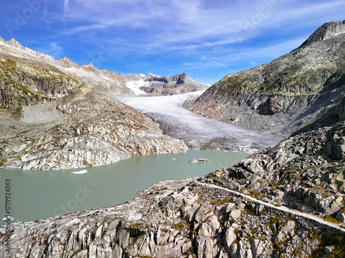 Aerial view of the Rhone Glacier with glacial lake, Swiss Alps	
