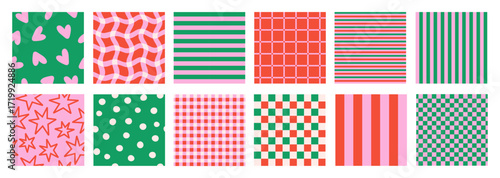 Geometric Christmas set checkered and linear backgrounds. Abstract vector seamless pattern. Checkered, plaid, striped prints. Pink, red and green colors. Vector illustration