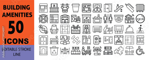 50 icon set vector art of building amenities icons set with editable stroke