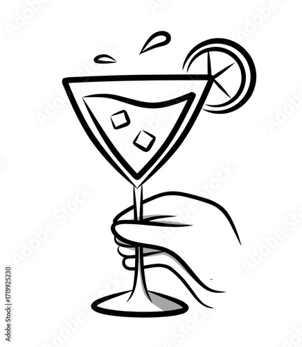 Hand drawn cocktail glass held by hand vector illustration with doodle sketch style and black outline designed as decorative beverage element for summer party, bar menu, or modern graphic design