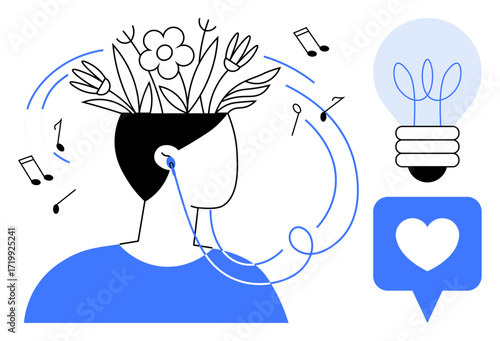 Abstract person with flowers in head symbolizes imagination, music notes reflect inspiration, and light bulb and heart highlight innovation and passion. Ideal for creativity, music, inspiration