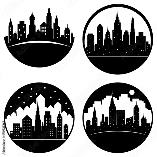 Four circular cityscape designs with silhouettes of buildings and skyscrapers in a monochrome color scheme