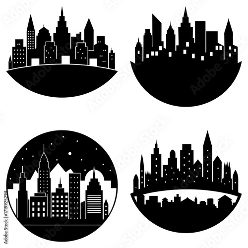 Four black and white cityscape silhouettes in circular frames depicting urban skyline and architectural design