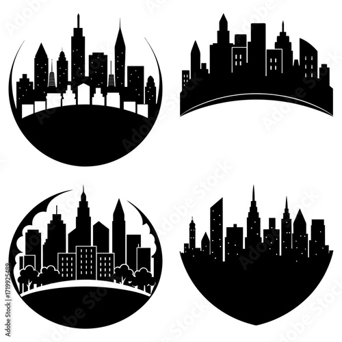 Four city skyline silhouettes in different shapes against a white background depicting urban landscapes