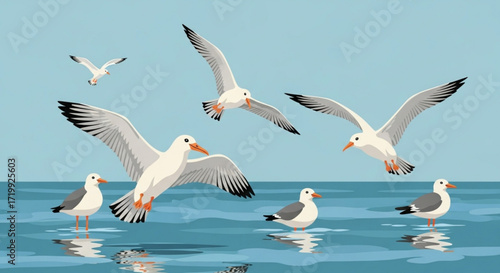 A serene illustration of seagulls in flight and perched on the water, capturing the essence of coastal life and the freedom of birds in a peaceful marine environment