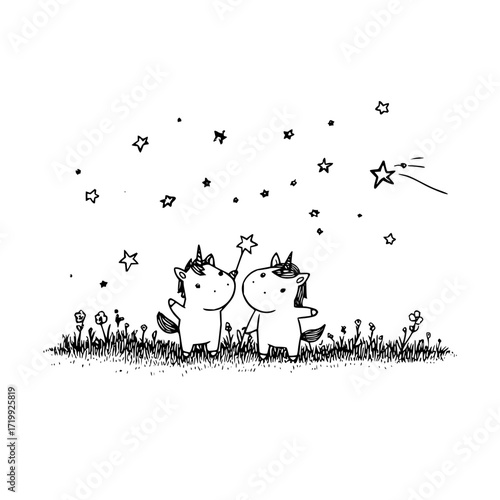 Unicorns magic stars fantasy cute kawaii illustration whimsical drawing fairytale art doodle lovely adorable sketch