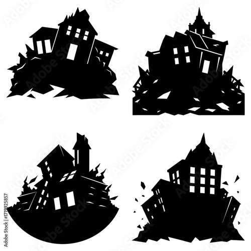 Four black and white silhouettes of dilapidated buildings on piles of rubble in varying shapes and sizes