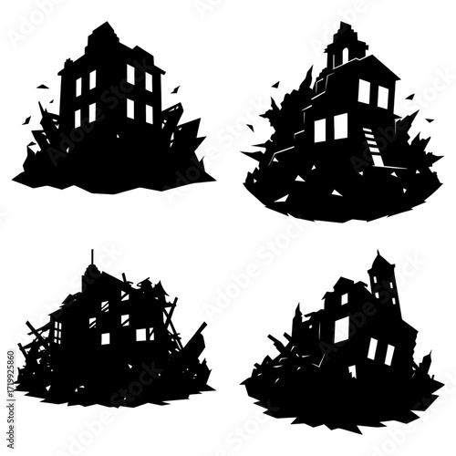Silhouetted buildings with debris showing structures in various states of decay and damage from destruction
