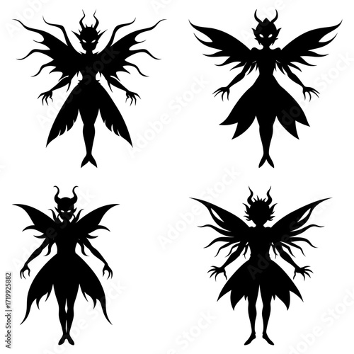 Four dark fairy silhouettes with horns and wings arranged on a white background in a square pattern