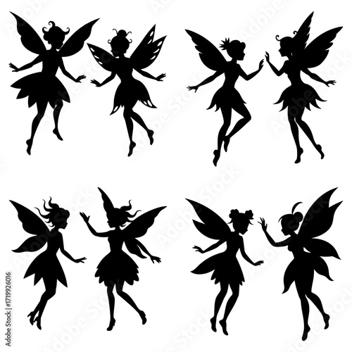 Silhouette illustration showcasing four pairs of fairies with wings in various dynamic poses and interactions