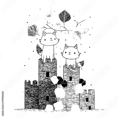 Cute cats castle illustration whimsical drawing fantasy art cartoon feline towers leaves enchanting monochrome art