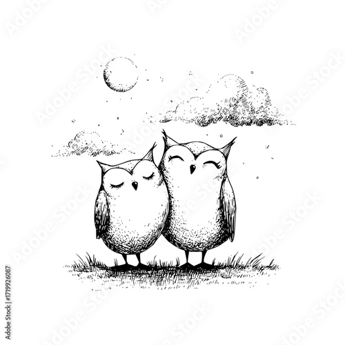 Cute owls illustration adorable owl drawing night sky moon clouds wildlife art whimsical animals sketch love birds