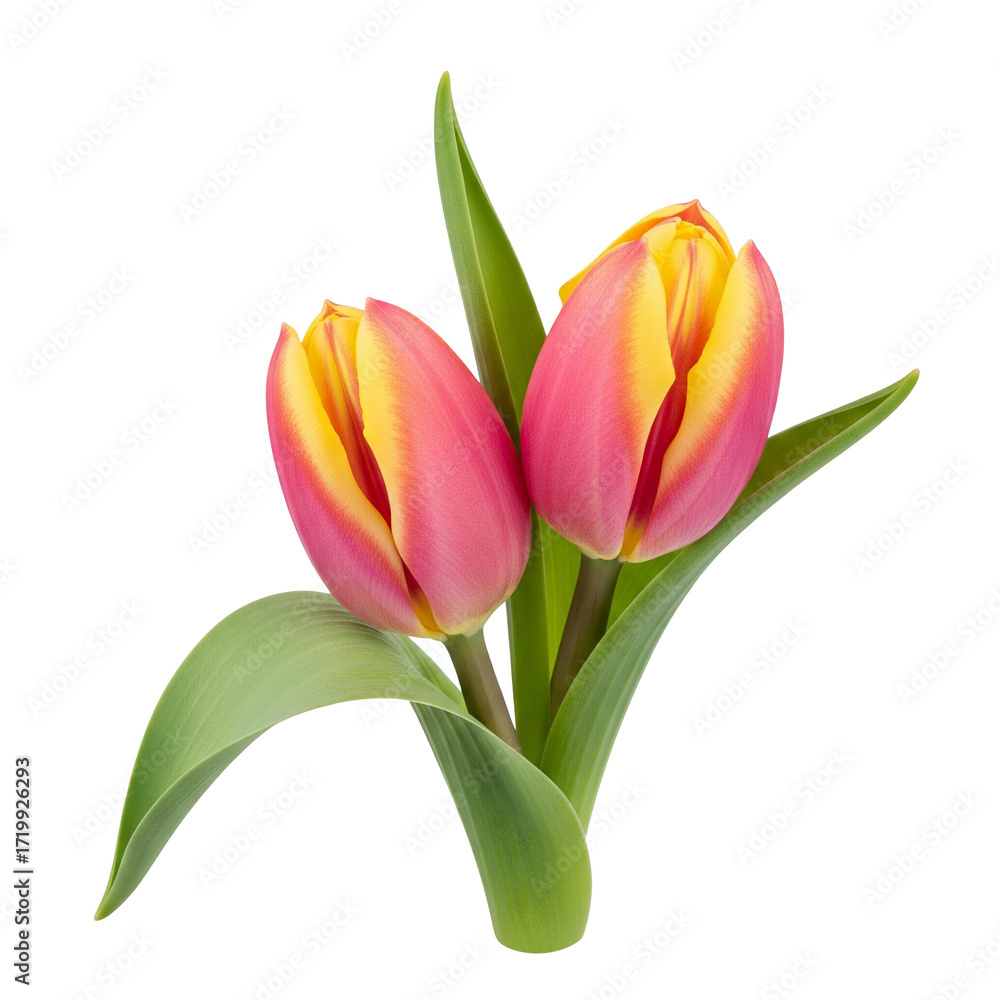Fototapeta premium Two Pink-Yellow Tulips with Green Leaves on White Background