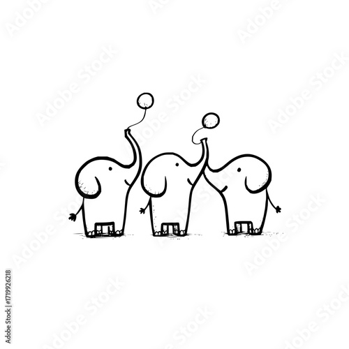 Three elephants drawing illustration animal art sketch cute cartoon style balloon whimsical line art design