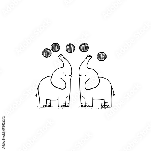Two elephants playing with striped balls circus performance animal drawing illustration vector art design
