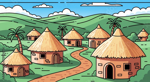A charming illustration of an african village with traditional huts, lush green hills, and palm trees, depicting a peaceful and idyllic rural scene