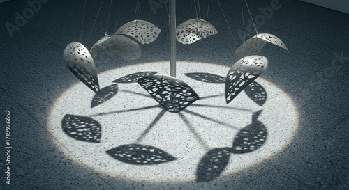 Abstract metallic mobile sculpture with leaf like shapes suspended and casting shadows on a textured background