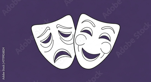 Comedy and tragedy masks, a symbol of theater and drama, representing the duality of human experience, expressing emotions through art and performance