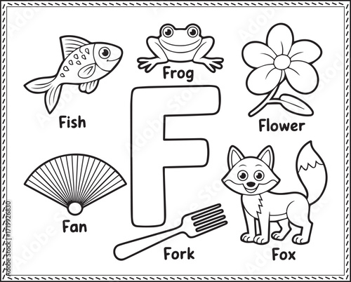Alphabet letter art F with cute fish, fan, fork, fox, flower and frog black line art vector illustration for children fun and learn coloring page