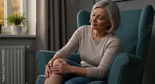 A mature woman experiencing knee pain sits thoughtfully in a comfortable armchair at home, reflecting on her discomfort and seeking relief.