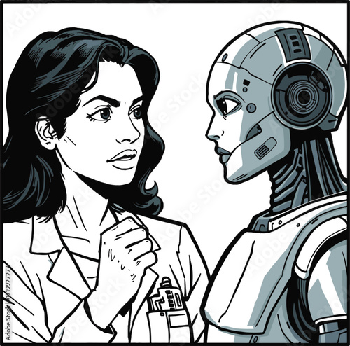 Pop art style vector of a scientist in a white coat interacting with a humanoid robot. Symbolizes innovation, research, and human‑machine collaboration. EPS‑ready for technology and education themes.
