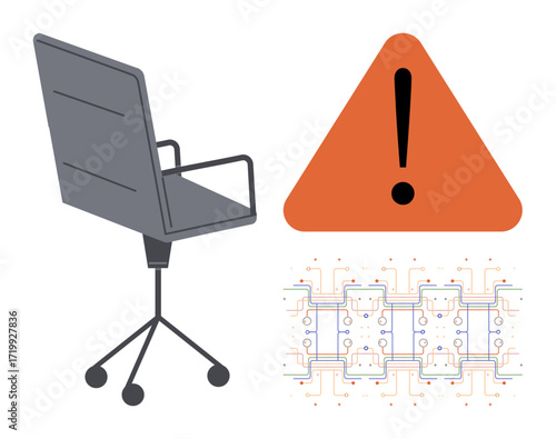 Office chair next to red warning triangle and circuit board pattern, symbolizing workplace issues, tech hazards, and digital risks. Ideal for safety, innovation, technology, workplace, caution