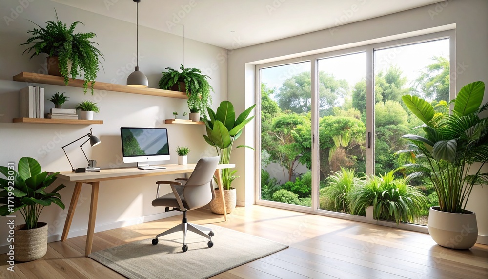 Fototapeta premium A bright and modern home office filled with various green plants, featuring a wooden desk, ergonomic chair, and a large sliding glass door opening to a lush outdoor garden.