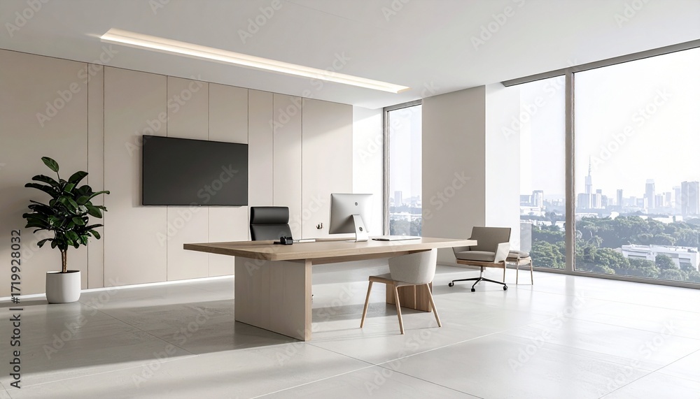 Fototapeta premium Modern, minimalist executive office with a large wooden desk, computer, and TV screen, featuring expansive windows overlooking a city skyline.