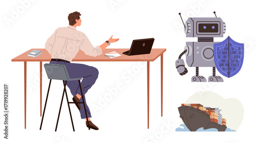 Man at desk with laptop gesturing, AI robot holding shield, and cargo ship. Ideal for technology, AI, cybersecurity, logistics, global trade innovation teamwork. Simple flat metaphor