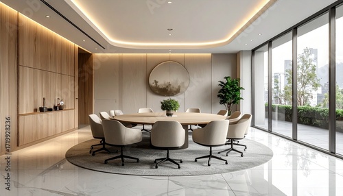 A modern and elegant corporate meeting room featuring a round table, comfortable chairs, wood paneling, and large windows with an urban view.