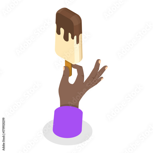 3D Isometric Flat Vector Set of Hands Holding Ice Creams, Food To-go, Cold Frozen Summer Dessert. Item 8
