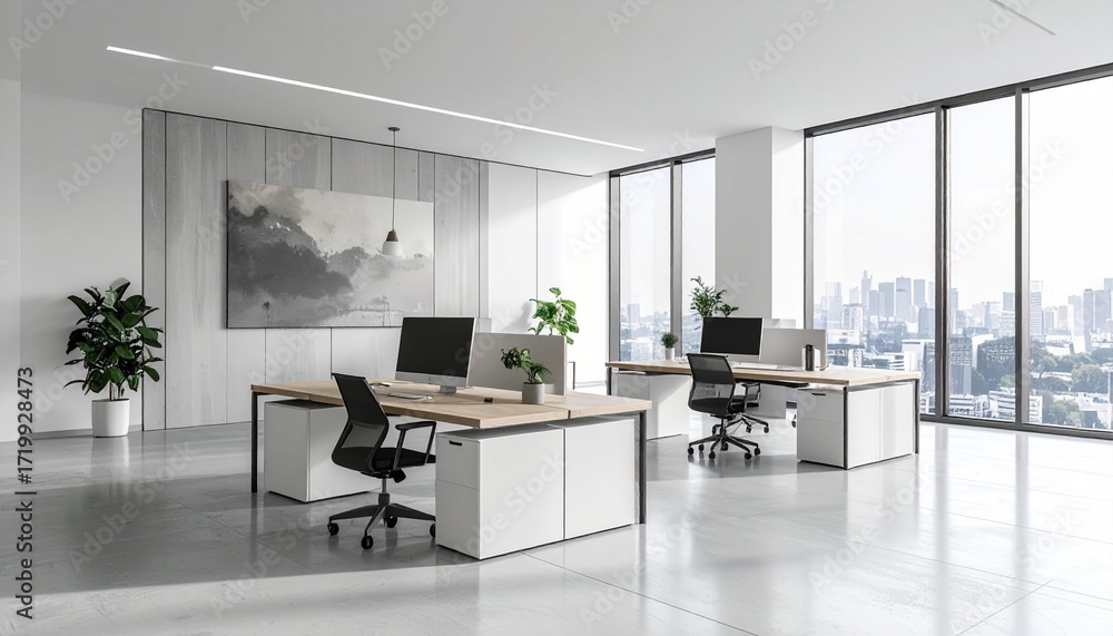 Fototapeta premium A modern, minimalist office interior with desks, computers, and large windows overlooking a city skyline.