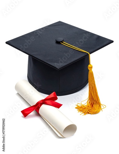 Graduation cap and diploma on white background